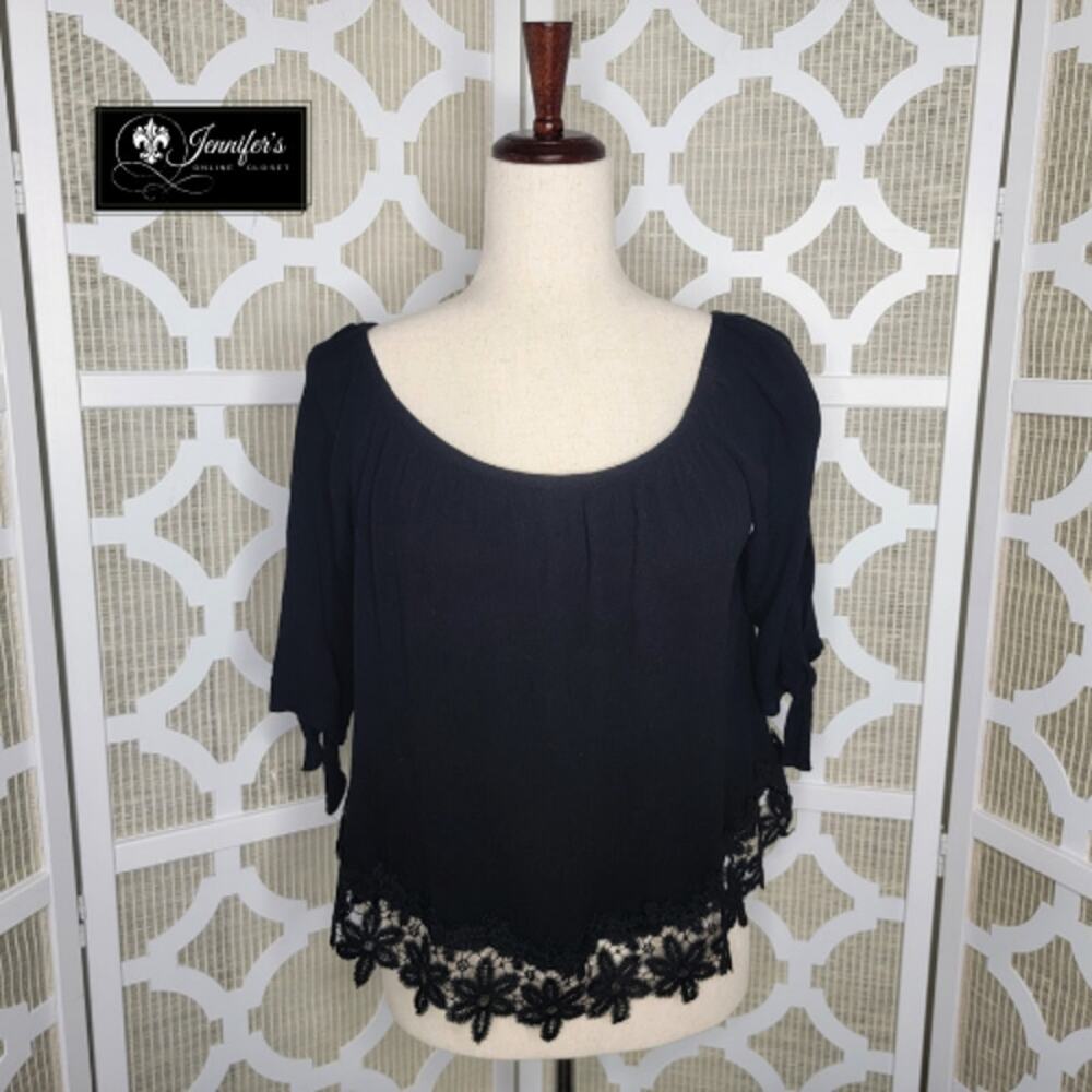 Ambiance Women's Black Tie Short Sleeve Lace Bottom Hem Crop Top Size L